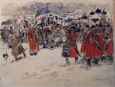 Tropa de Streltsy (o Strelets), un cuerpo militar ruso que existió desde el siglo XVI hasta el XVIII (The Streltsy). Obra de Sergei Vasilyevich Ivanov (1864-1910), acuarela sobre papel, arte ruso, finales del siglo XIX, principios del siglo XX. Museo de Ar de Sergej Vasilevic Ivanov