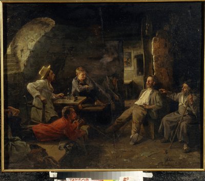 El refugio nocturno (Dosshouse). Conversación entre los residentes del refugio. Pintura de Sergey Ivanovich Krivolutsky (1869-1922), óleo sobre lienzo de Sergey Ivanovich Krivolutsky