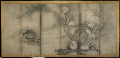 Sauce, garzas en ciruelo y sauce, pantalla plegable de seis paneles (tinta sobre papel) de Sesson Shkei