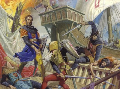 Marco Polo capturado por el genovés, siglo XX (gouache sobre papel) de Severino Baraldi