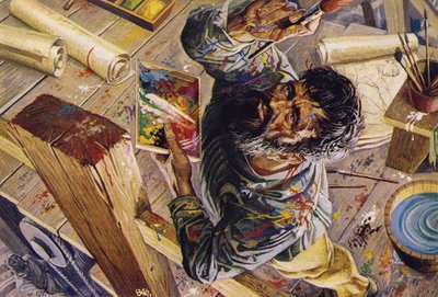 Miguel Ángel trabajando en el techo de la Capilla Sixtina (litografía en color) de Severino Baraldi