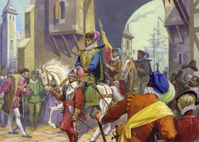 Sir Francis Drake llegando a Plymouth (gouache sobre papel) de Severino Baraldi