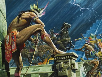 en 1520, Cortés con su rehén muerto Moctezuma II escapando de la capital azteca (gouache sobre papel) de Severino Baraldi