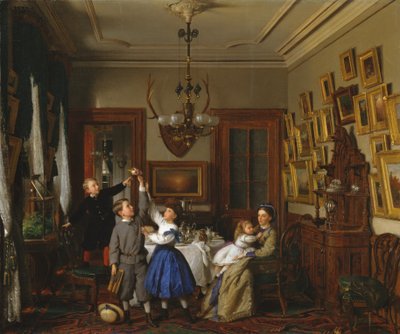 La competencia por el ramo: La familia de Robert Gordon en su comedor de Nueva York de Seymour Joseph Guy