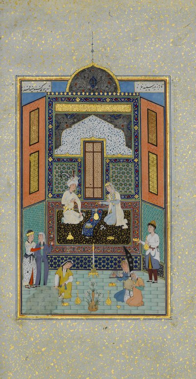 Bahram Gur en el Palacio Blanco el Viernes, Folio 235 de un Khamsa, A.H. 931/A.D. 1524-25 de Shaikh Zada