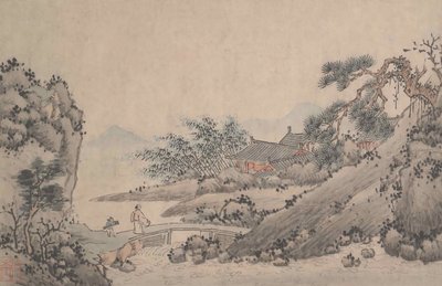 Paisaje con hombre cruzando un puente de Shen Zhou