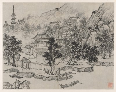 Doce vistas de la colina del tigre, Suzhou: Vista distante de la colina del tigre desde el amarre del canal de Shen Zhou