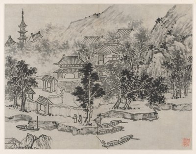 Doce vistas de la colina del tigre, Suzhou: Vista distante de la colina del tigre desde el amarre del canal, después de 1490 de Shen Zhou