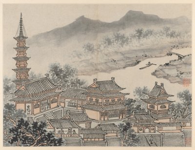 Doce vistas de la colina del tigre, Suzhou: El salón de los mil budas y la pagoda del monasterio "Acantilado Nublado" de Shen Zhou