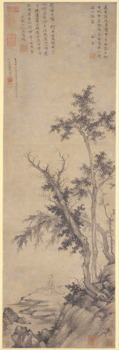 Recluso pescando junto a árboles otoñales, 1350 de Sheng Mou