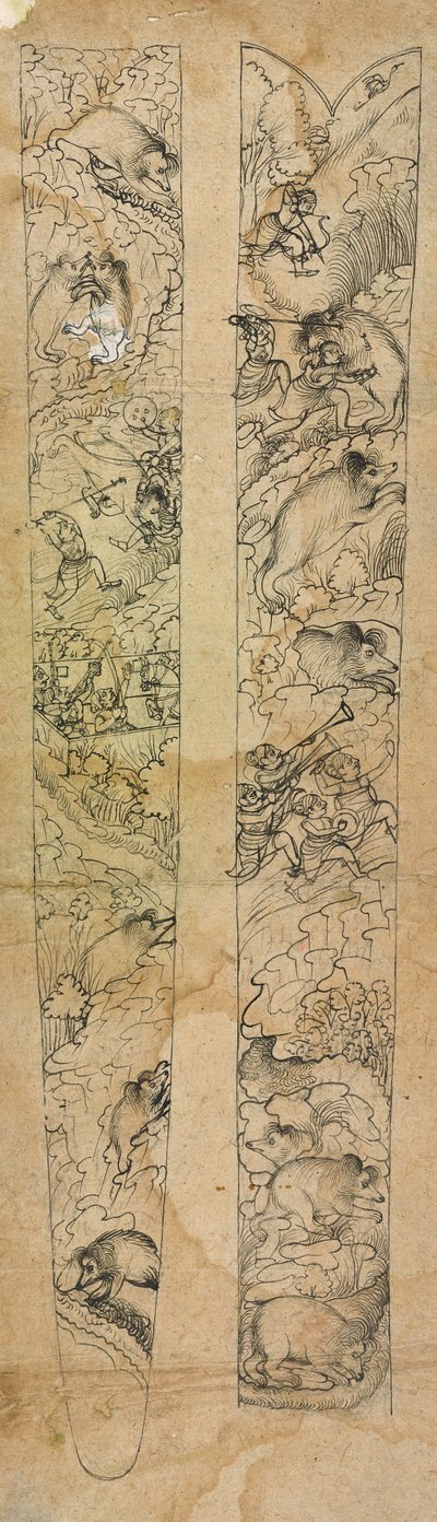 Un rajá cazando jabalíes, diseño para una vaina, c.1750-1760 (acuarela opaca sobre papel) de Shevdar (attr.to) Gangeyagi