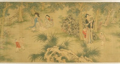Mujeres y niños en un jardín (tinta y color sobre seda) de Shi Wang