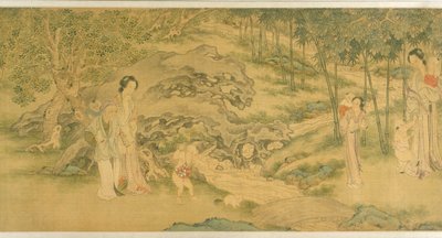 Mujeres y niños en un jardín (tinta y color sobre seda) de Shi Wang