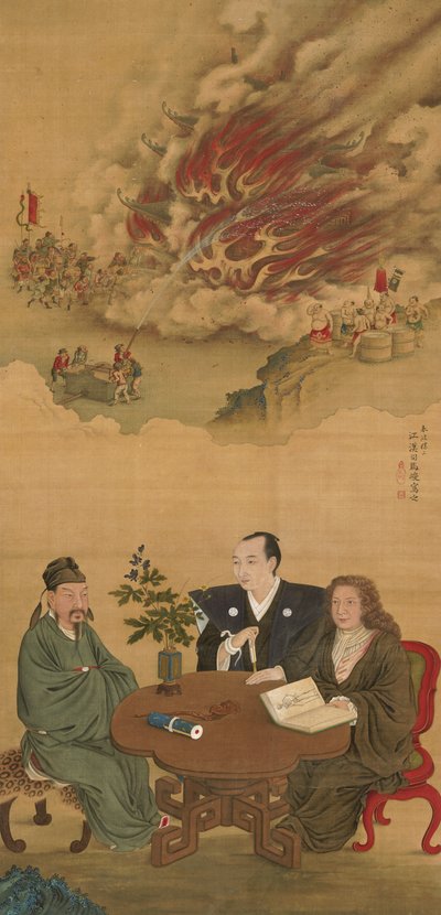 Pergamino colgante que representa una reunión de Japón, China y Occidente de Shiba Kokan