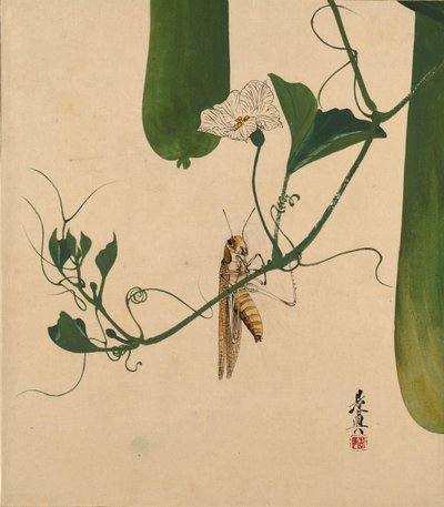 Pinturas de laca de varios temas: Saltamontes en vid de calabaza de Shibata Zeshin