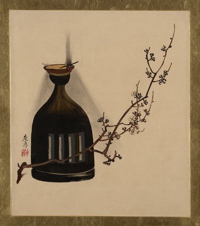 Pinturas de laca de varios temas: Rama de ciruelo con lámpara de aceite, 1882 de Shibata Zeshin