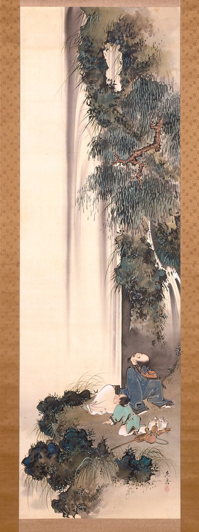 Li Bai contemplando una cascada (tinta y color sobre seda) de Shibata Zeshin