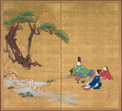 Narihira viendo los cerezos en flor de Shibata Zeshin