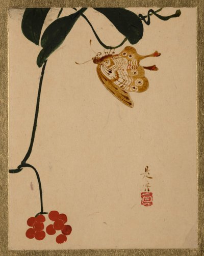 Planta de bayas rojas y mariposa de Shibata Zeshin