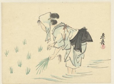 mujer plantando arroz de Shibata Zeshin