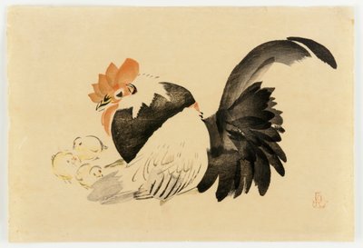 Gallo, Gallina y Polluelos, era Meiji, 1870-79 de Shibata Zeshin