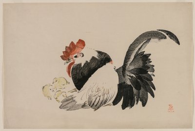 Gallo, Gallina y Pollitos, c. 1880s de Shibata Zeshin