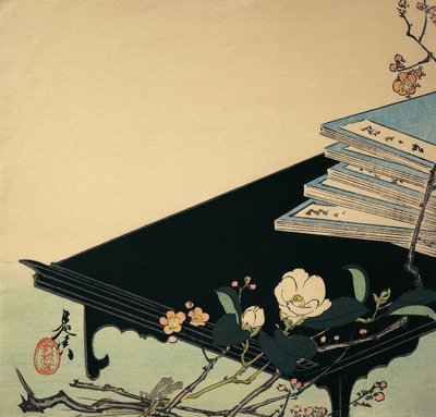 Pila de libros y flores de ciruelo en una mesa de Shibata Zeshin