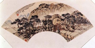Pequeño Puente sobre un Arroyo, abanico plegable montado como hoja de álbum, chino de Shih shu Fang