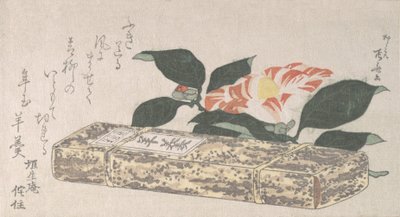 Flor de Camelia y Yokan una especie de gelatina de frijol envuelta en piel de bambú, 1811 de Shinsai