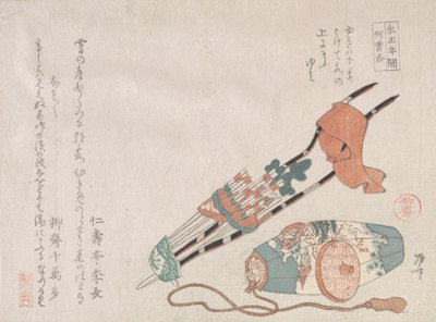 Hama-yumi y Buriburi-gitcho, ambos juguetes ceremoniales de niños para el Año Nuevo, siglo XIX de Shinsai