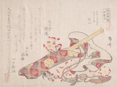 Shakuhachi, una especie de flauta de bambú, con su funda y flores de cerezo, siglo XIX de Shinsai