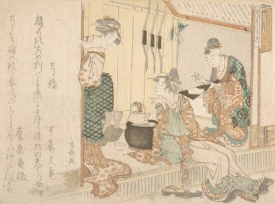 Dos jóvenes damas tomando té atendidas por un sirviente anciano de Shinsai