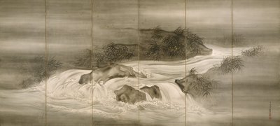 Paisaje fluvial con luciérnagas de Shiokawa Bunrin