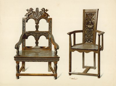Silla de roble Cacqueteuse, propiedad de Percy Macquoid; Silla de tejo, propiedad del duque de Leeds de Shirley Charles Llewellyn Slocombe