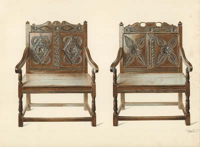 Sillas dobles de roble (galesas), propiedad de H Clarence Whaite de Shirley Charles Llewellyn Slocombe