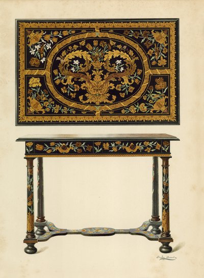 Mesa incrustada con marquetería, propiedad de Lord Zouche de Haryngworth de Shirley Charles Llewellyn Slocombe