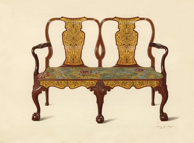 Sofá de nogal con marquetería, propiedad de Percy Macquoid de Shirley Charles Llewellyn Slocombe