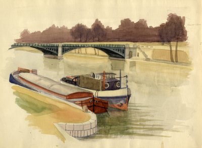 Barcazas en el río Támesis cerca del puente de Battersea, Londres, c. 1951 de Shirley Markham