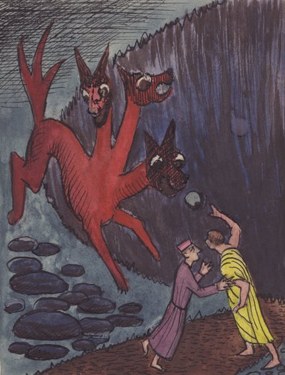 Dante y Virgilio con un monstruo de tres cabezas de Shirley Markham