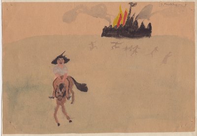 Niña en caballo huyendo de un fuerte en llamas, c. 1941 de Shirley Markham