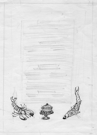 Langosta, pescado y pastel, diseño de menú de Shirley Markham