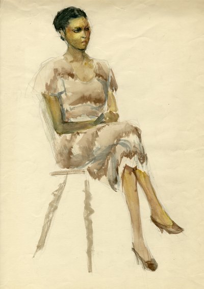 Mujer sentada con vestido marrón, c. 1952 de Shirley Markham