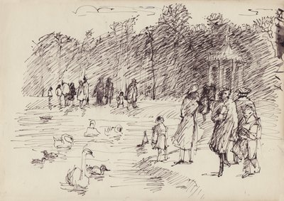 Cisnes en el estanque redondo en los jardines de Kensington, Londres, c. 1950 de Shirley Markham