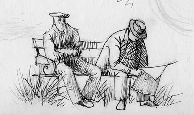 Dos hombres en un banco, c. 1950 de Shirley Markham