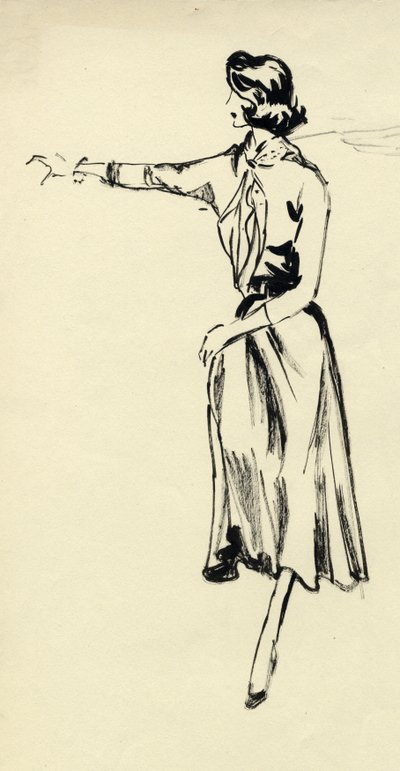 Mujer con falda larga con el brazo extendido, c. 1950 de Shirley Markham