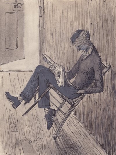 Joven apoyando su silla contra una pared de Shirley Markham
