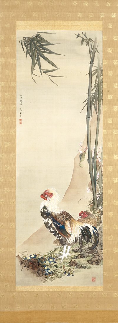 Cock And Hen (tinta y color sobre seda) de Shiseki So Kankaku