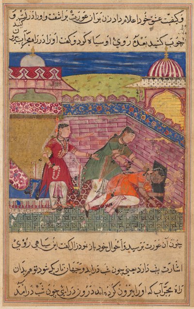 Página de Cuentos de un loro Tuti-nama: Octava noche: La esposa engañosa expulsa..., 1558-1560 de Shravana