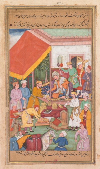 Timur distribuye regalos de su nieto, el Príncipe de Multan, de un Zafar-nama de Shravana