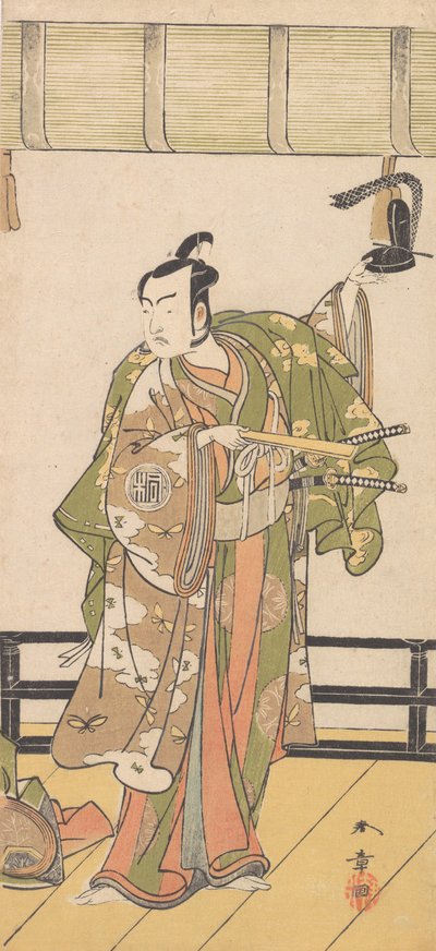 Arashi Sangoro como un samurái de pie en la veranda de una gran casa, 1774 o 1775 de Shunsho